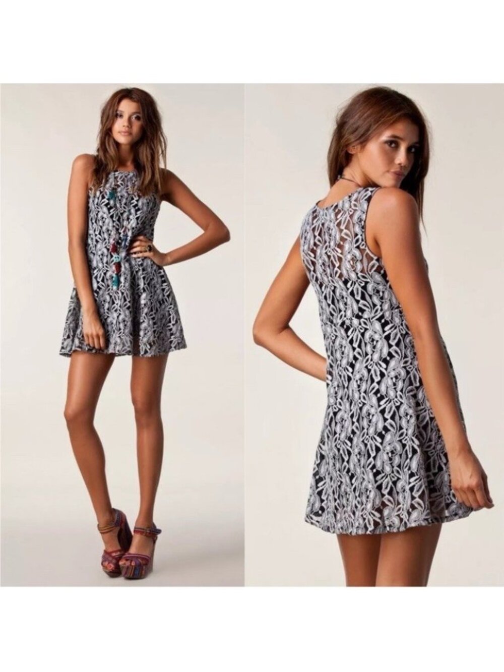 Free People Art To Wear Miles of Lace Gray Floral Sleeveless Midi Dress Size XS
